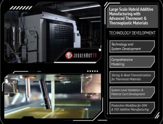 Juggerbot 3d 的 tradesman 系列 p3-44 系统用于大规模混合增材制造，结合了先进的热固性和热塑性材料。照片来自 juggerbot 3d。